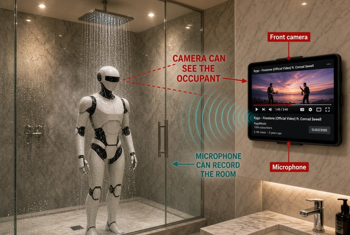A tablet sealed in a waterproof enclosure beside a shower