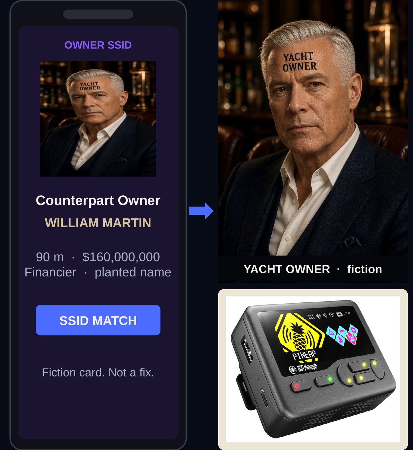 Fictional worked example: a phone showing the network name Counterpart Owner beside an AI-generated portrait labelled as fiction