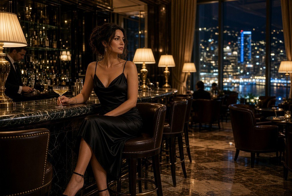 AI-generated illustration of a woman at a hotel bar at night, a city skyline behind her
