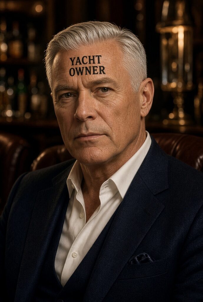 Illustration of a man in a navy jacket with the words YACHT OWNER tattooed on his forehead, seated in a dark bar