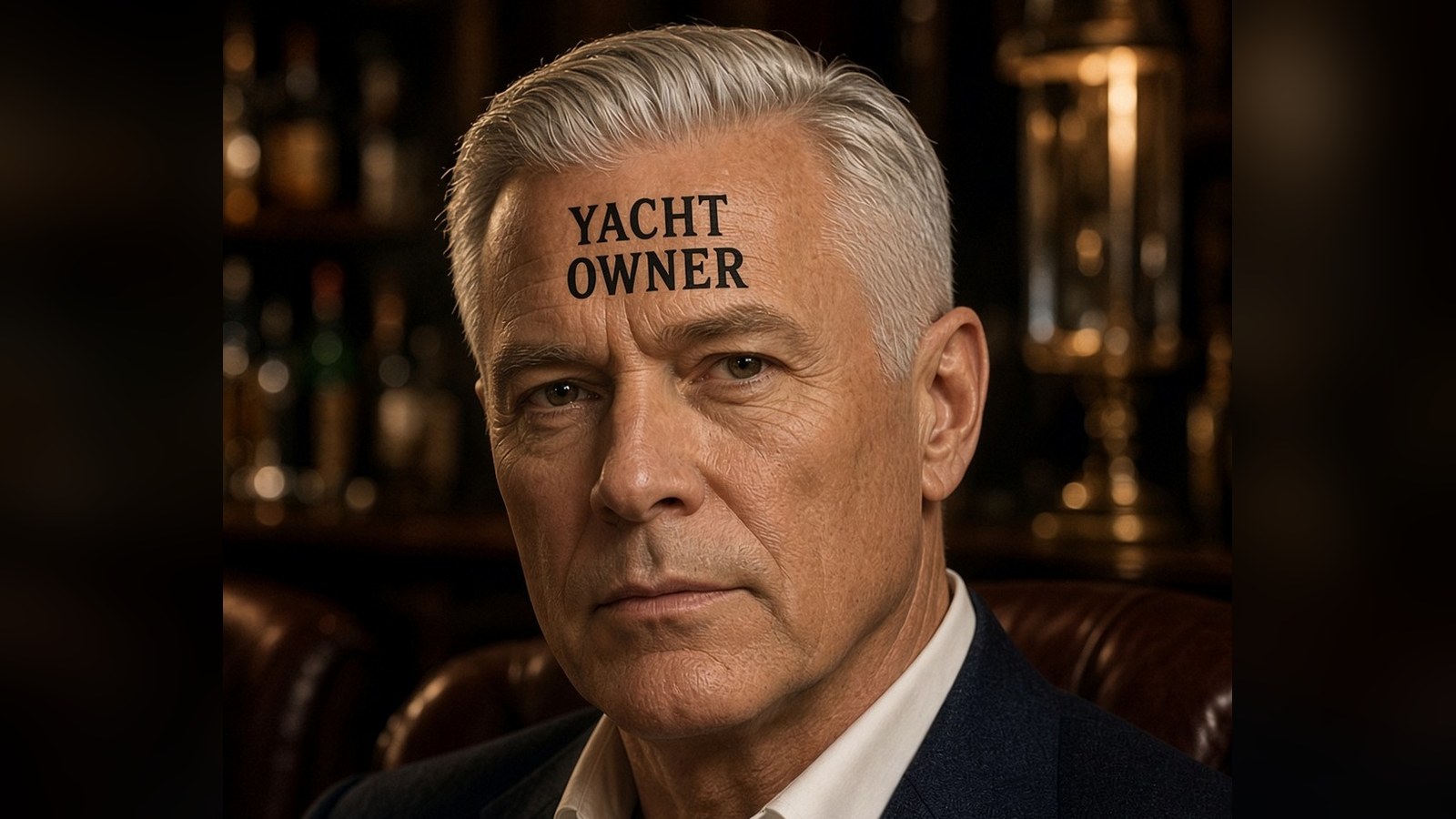 Illustration of a man with the words YACHT OWNER tattooed on his forehead
